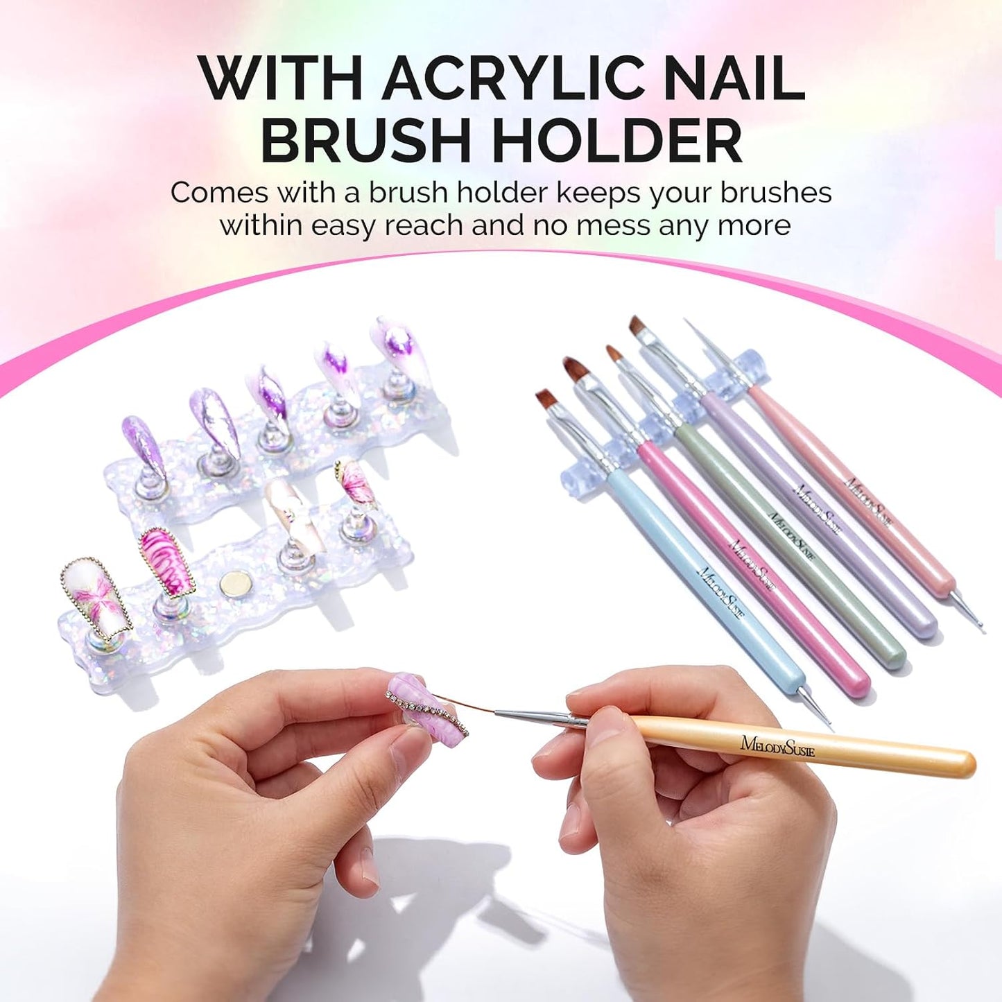 MelodySusie Nail Stand - White Shiny Acrylic Display with Brush Holder & 100 Reusable Double-Sided Tapes | Perfect for DIY Nail Art