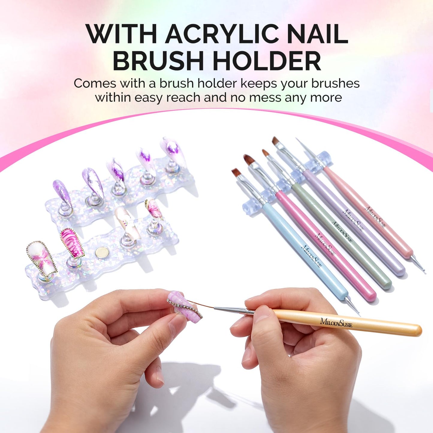 MelodySusie Nail Stand for Press Ons, White Shiny Acrylic Magnetic Base for Painting Display with Brush Holder and 100 Pcs Reusable Double-Sided Tape for Home DIY Salon Supplies