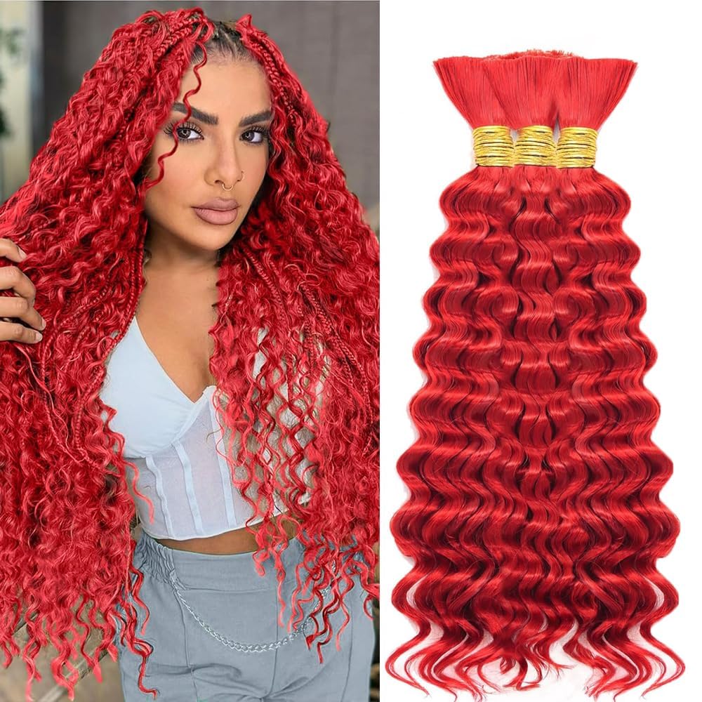 Red Human Braiding Hair for Boho Braids 150g 3 Bundles/Pack 30 30 30 Inch Curly Boho Hair for Braiding Knotless Color Red Deep Wave Bulk Bohemian