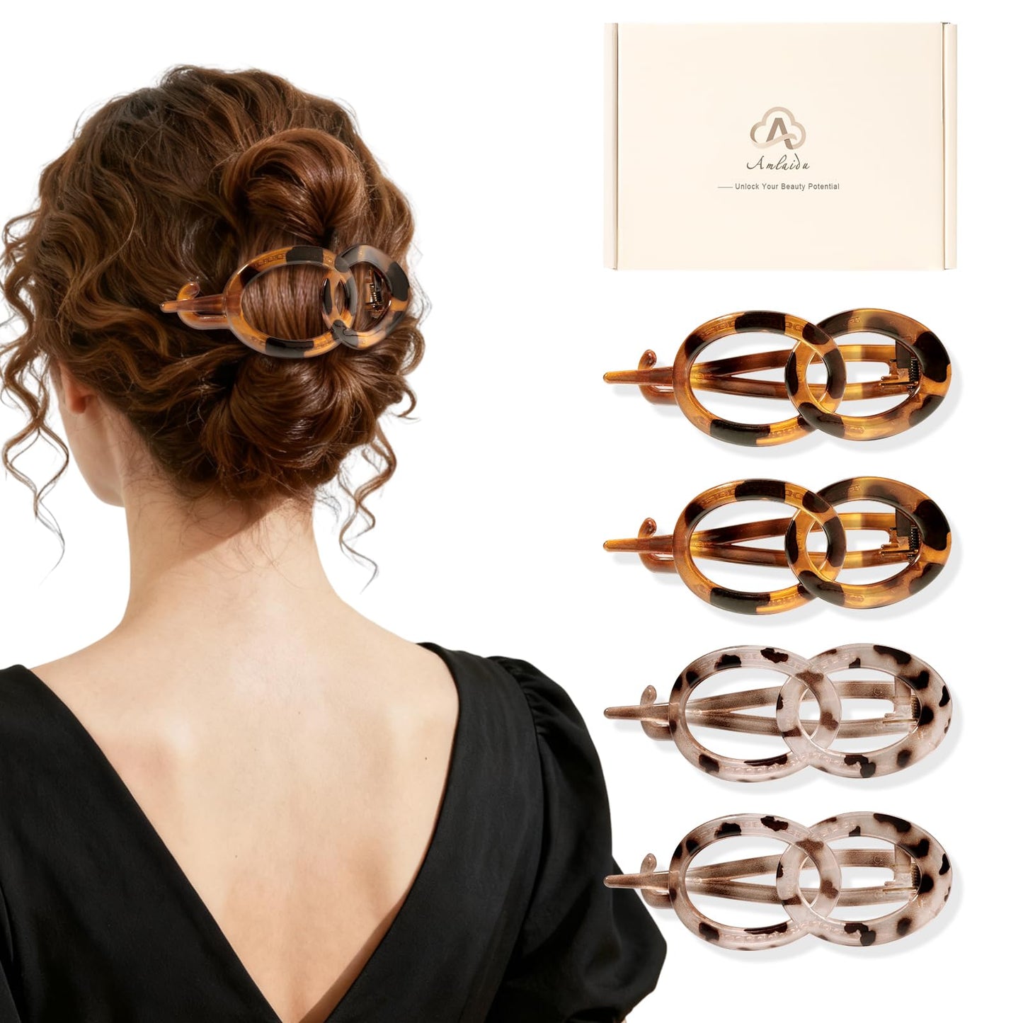 Amlaidu Large Flat Hair Clips for Thick Hair, French Claw Clips for Women, Lay Flat Duckbill Hairclips, Non-Slip, Strong Hold - Leopard Print,4Pcs