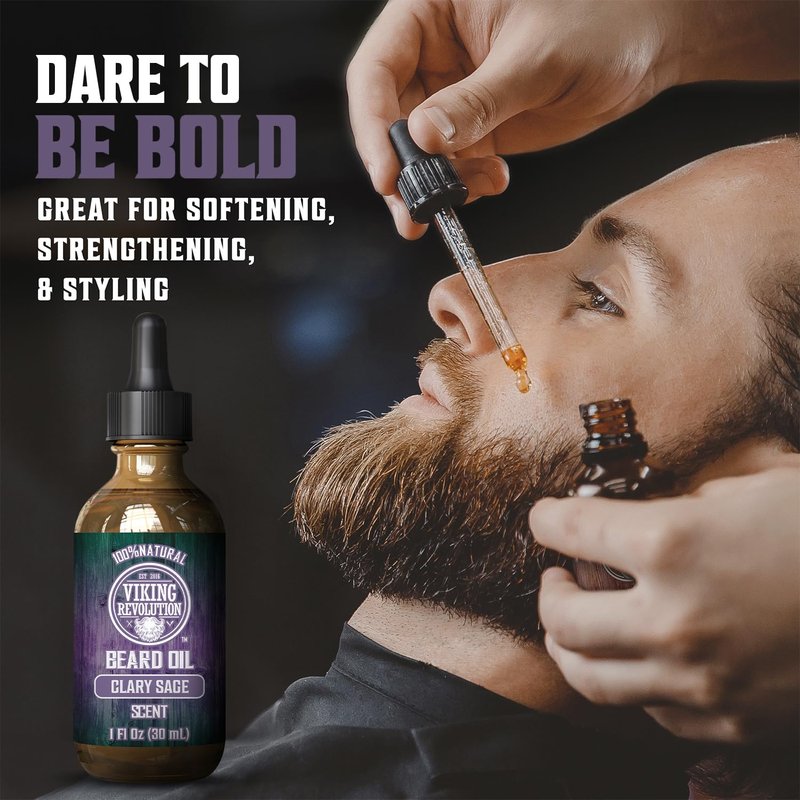 Viking Revolution Beard Oil with Clary Sage for Men - Natural Blend with Argan and Jojoba Oils for Softening, Strengthening, and Moisturizing