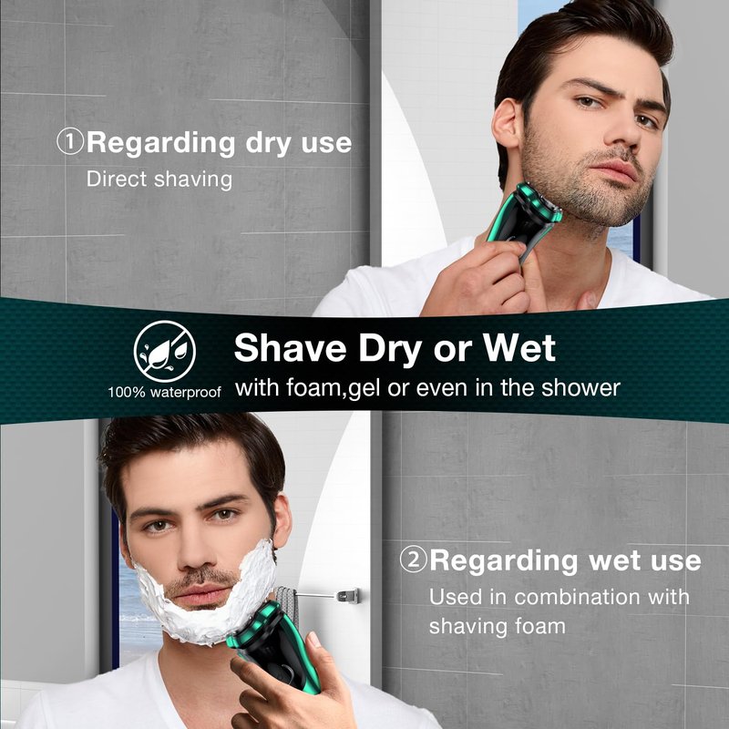 Electric Razor for Men, Cordless Rechargeable Rotary Shaver with Charging Stand, Wet & Dry IPX6 Waterproof Electric Shaver with Pop-Up Trimmer for Face & Travel (Green-1)