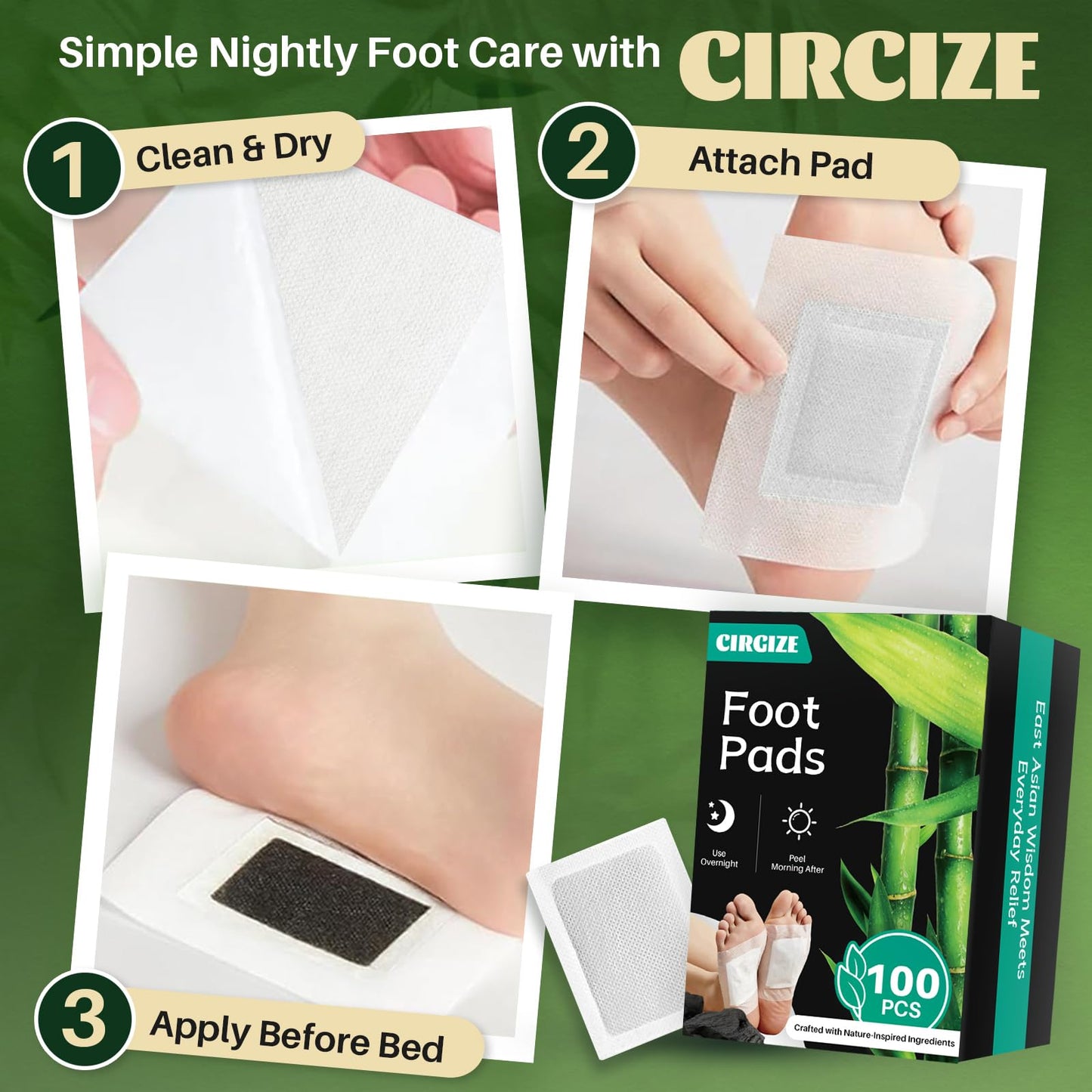 CIRGIZE 100-Count Foot Pads, Bamboo Vinegar & Ginger Foot Pads for Sleep Support, Overnight Foot Care | Natural Foot Spa for Daily Wellness | Self-Care Gift for Family & Loved Ones