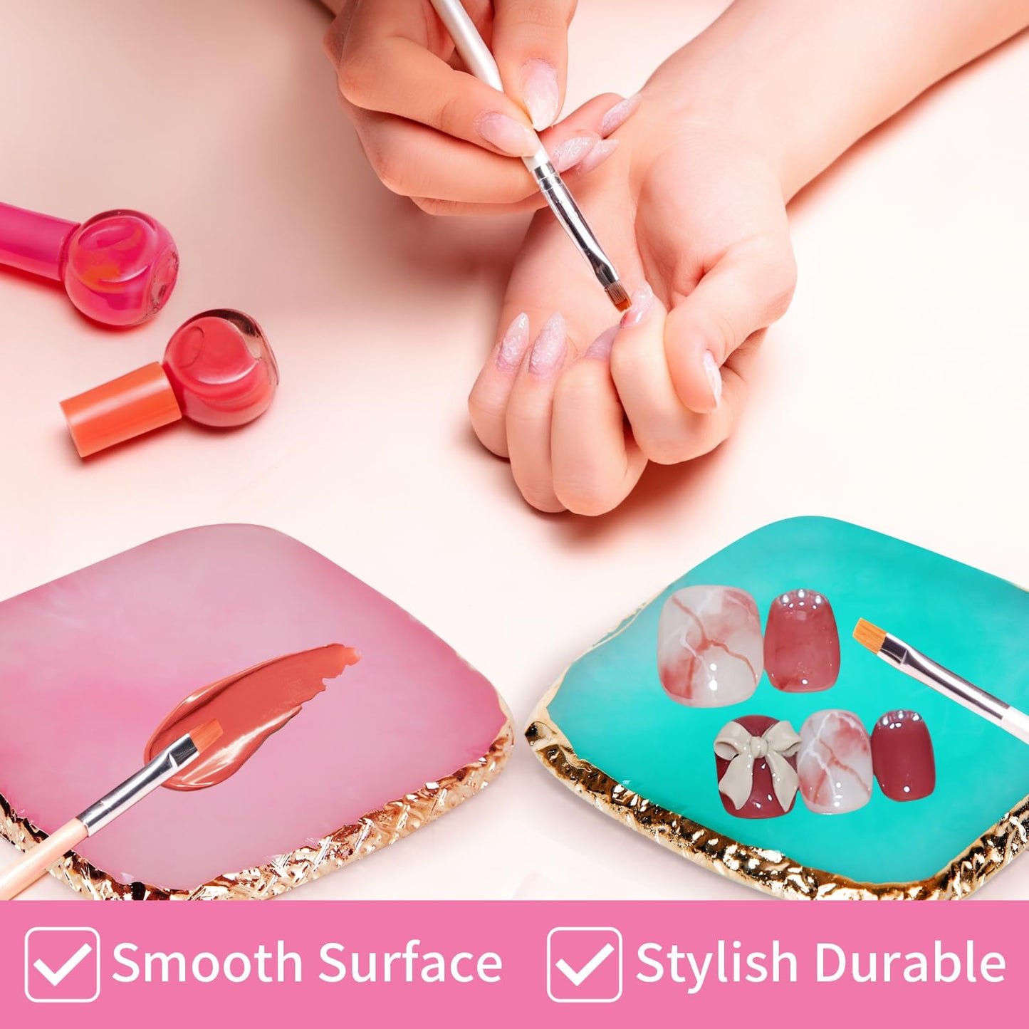 2 Pcs Resin Nail Art Palette,Gold Edge Nail Polish Palette(Pink Green)