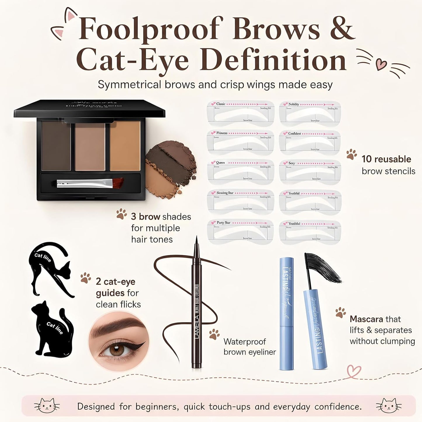 Eye Makeup Kit for Women - 90s Neutral Eyeshadow, Brow Powder, Cat Eyeliner Guides | Complete Makeup Gift Set for Girls & Teens