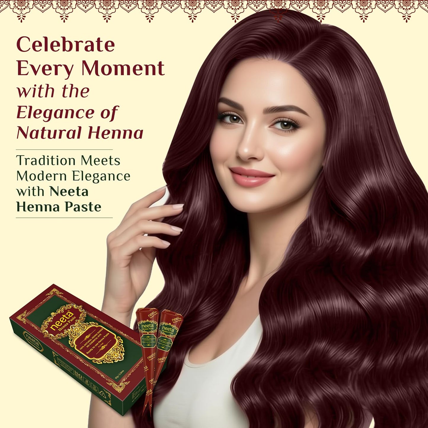 Neeta Ready-to-Use Henna Paste for Hair – Herbal Henna-Based Formula – Reddish Brown – Pack of 4 Cones