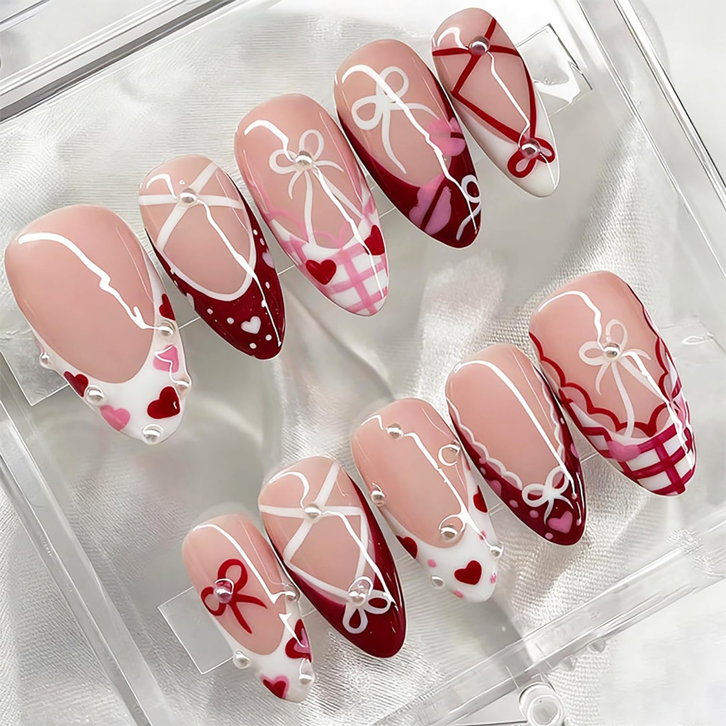 Valentine's Press-On Nails - 30Pcs Medium Almond Hearts & French Tips | Cute Pearl Bow Design