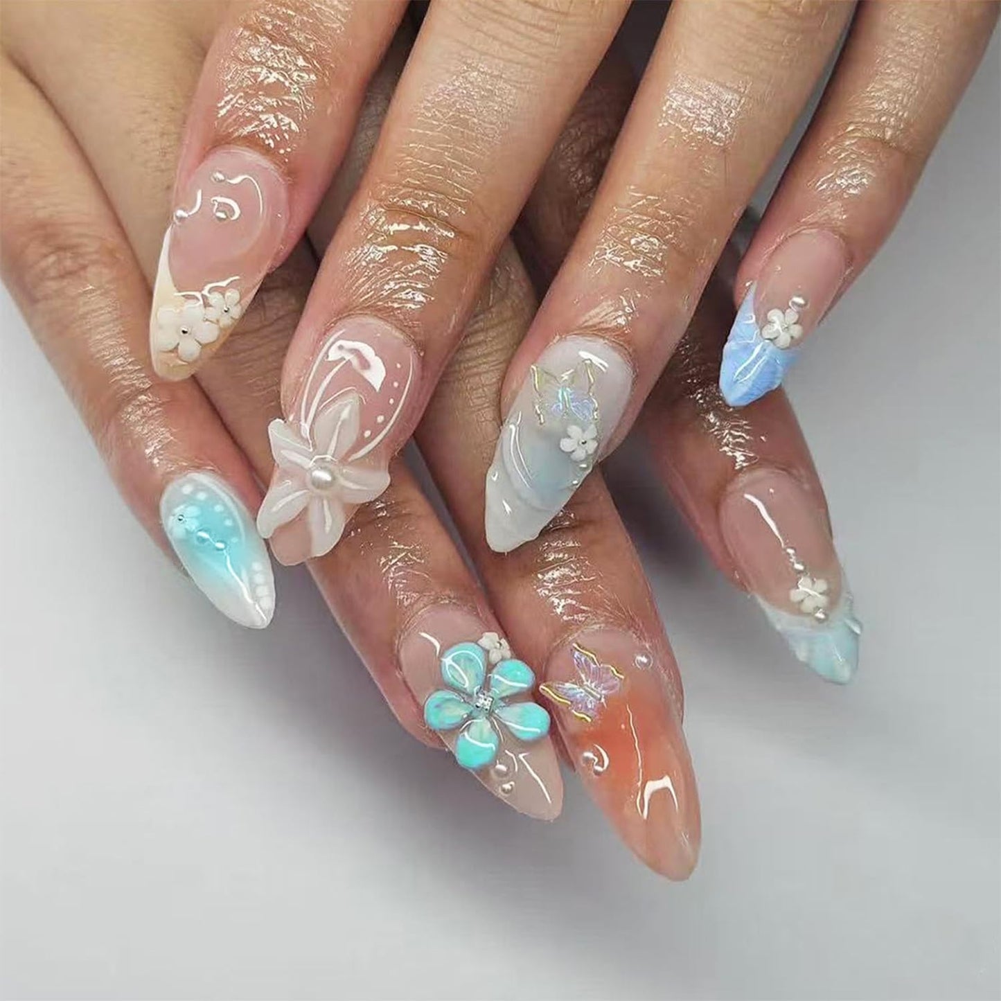 24pcs Summer Press-On Nails | Medium Almond Shape with 3D Flower & Butterfly Designs - Gradient Full Cover Acrylic
