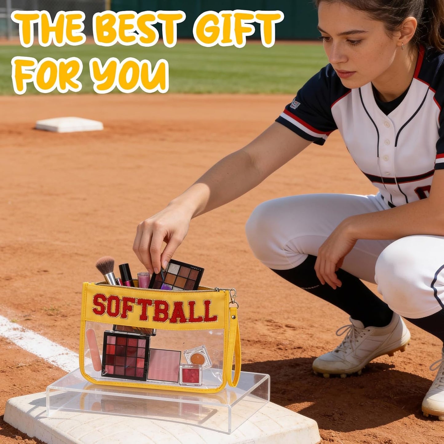 Softball Gift Set for Girls - 4 Pcs Snack Goodie Bags & Makeup Toiletry Pouch | Chenille Letter Travel Case