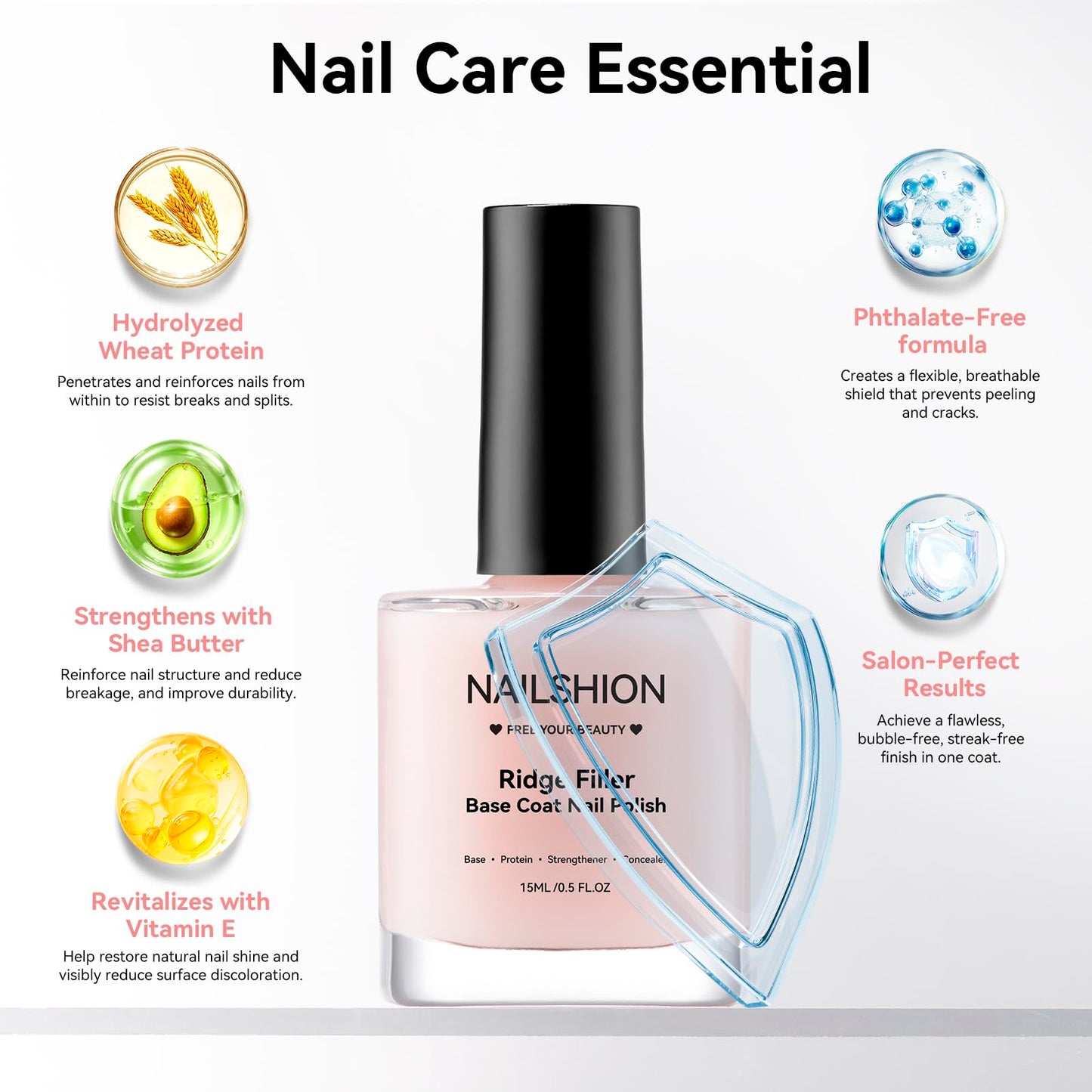 Nailshion Ridge Filler Base Coat 3-in-1 Nail Strengthener Growth for Damaged Uneven Nails & Ridges, Nourish VE & Protein-Fortifying Leveling Base for Smooth, Flawless Polish | Vegan Cruelty Free