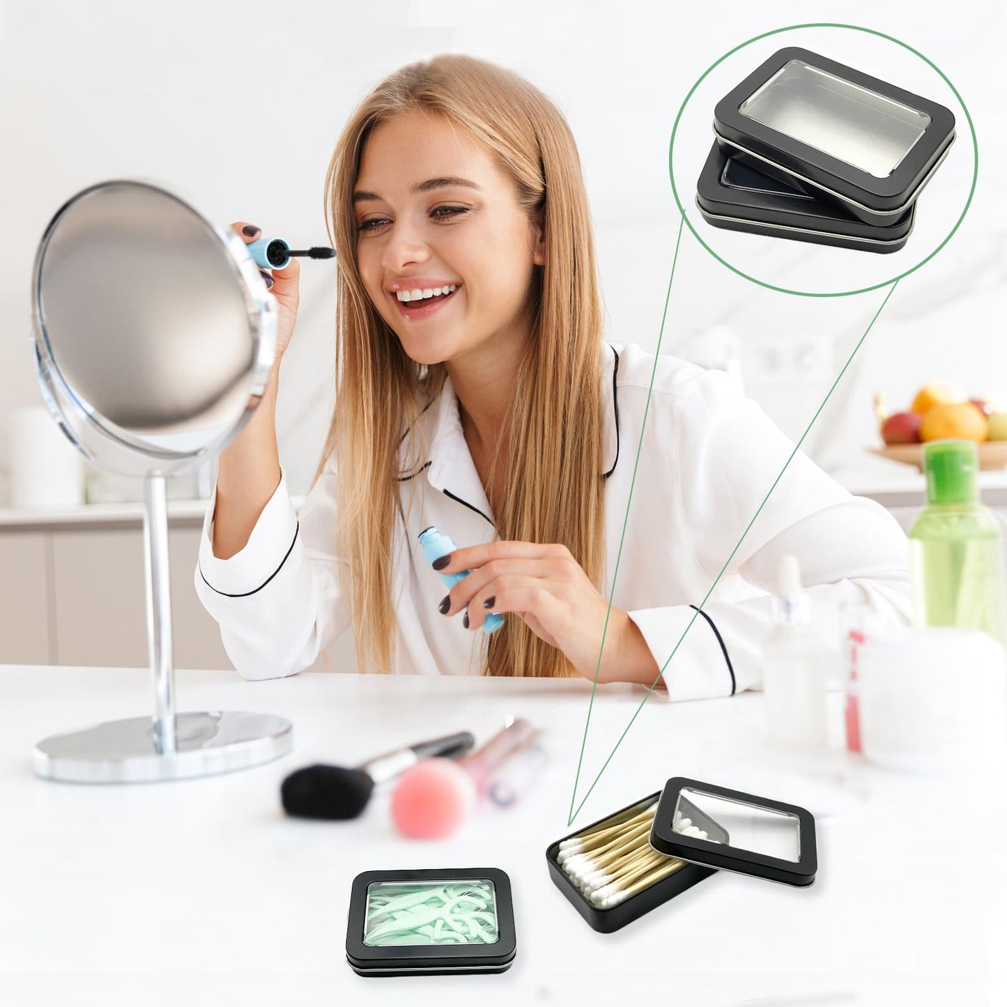 MatFirsmo Cotton Swab Holder for Travel, 2 Pcs Portable Small Dental Floss Holder Empty Metal Cotton Ball Holder, Travel Floss Picks Case with Dustproof Lid for Cotton Swabs Hair Ties Floss, Black