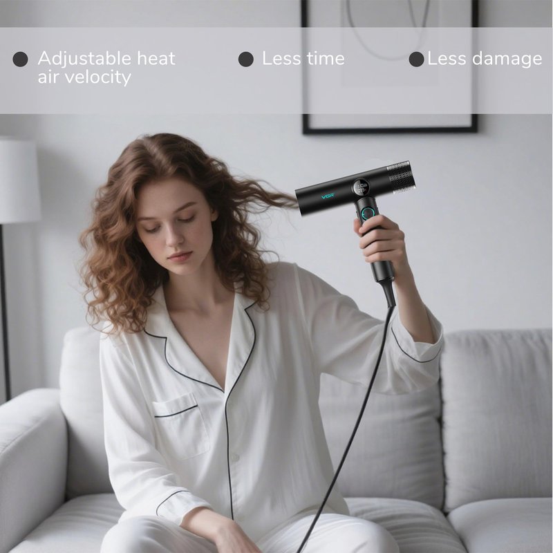 VGR 401 Negative Ionic Hair Dryer, Professional BLDC Motor Blow Dryer for Fast Drying, LED Display Low Noise Thermo and RPM-Control Hairdryer, Travel with Magnetic 1 Diffuser & 2 Nozzle, Black