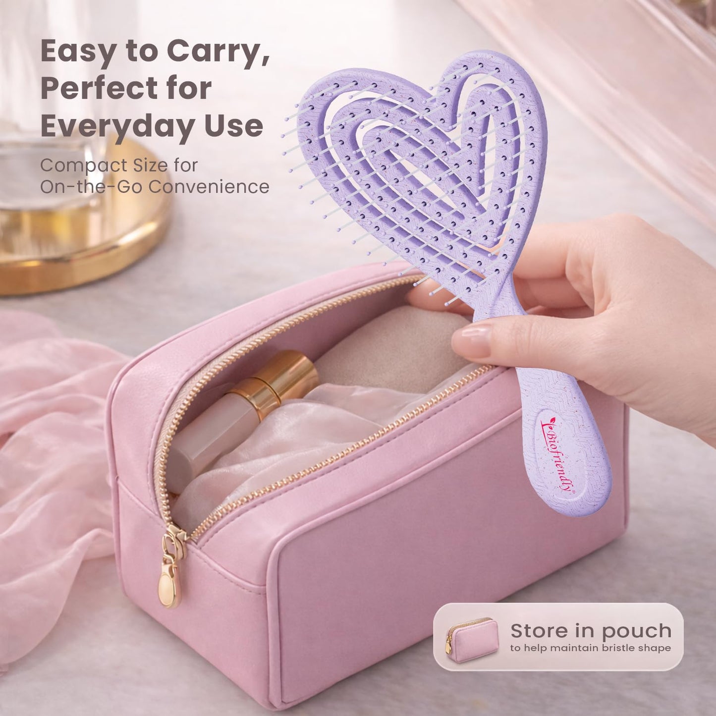 Biofriendly Mini Detangling Hair Brush for Wet & Dry Hair, Compact & Lightweight for On-the-Go Use, Gentle Flexible Bristles for Smooth Detangling, Heart-Shaped Design, Lilac Veil