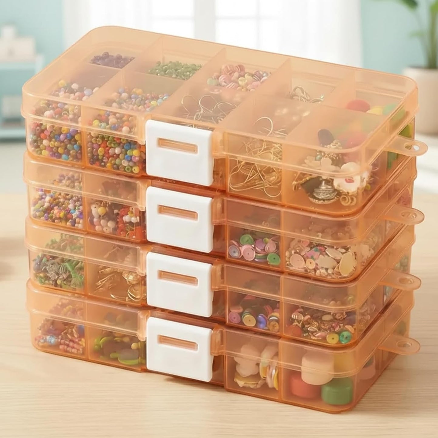 Stackable Plastic Organizer Boxes - 4-Pack Jewelry & Craft Storage Case | Waterproof Bead, Nail & Tackle Holder (Orange)