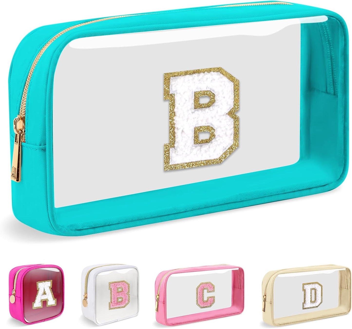 Personalized Initial Makeup Bag - Waterproof Nylon Cosmetic Pouch | A-Z Chenille Letter Patch, White-Pink G