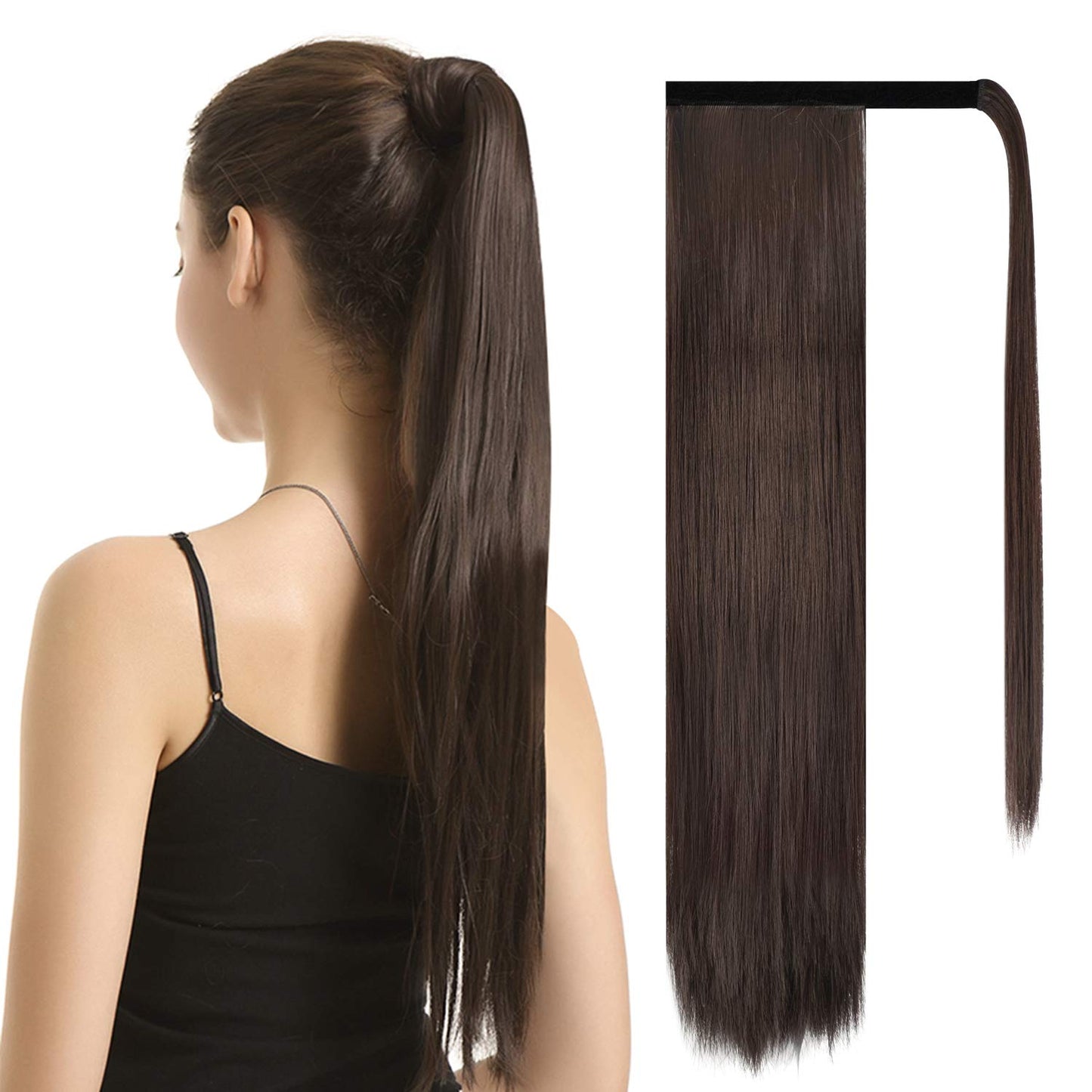 Dark Brown Straight Wrap Ponytail Extension - 24 Inch Clip-In Hairpiece for Black Women | Synthetic Hair