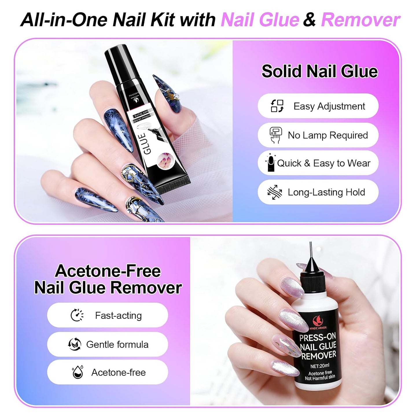 Nail Glue for Press-On Nails - Quick Drying Semi-Solid Gel with Remover & Tool | 4 x 6g Tubes