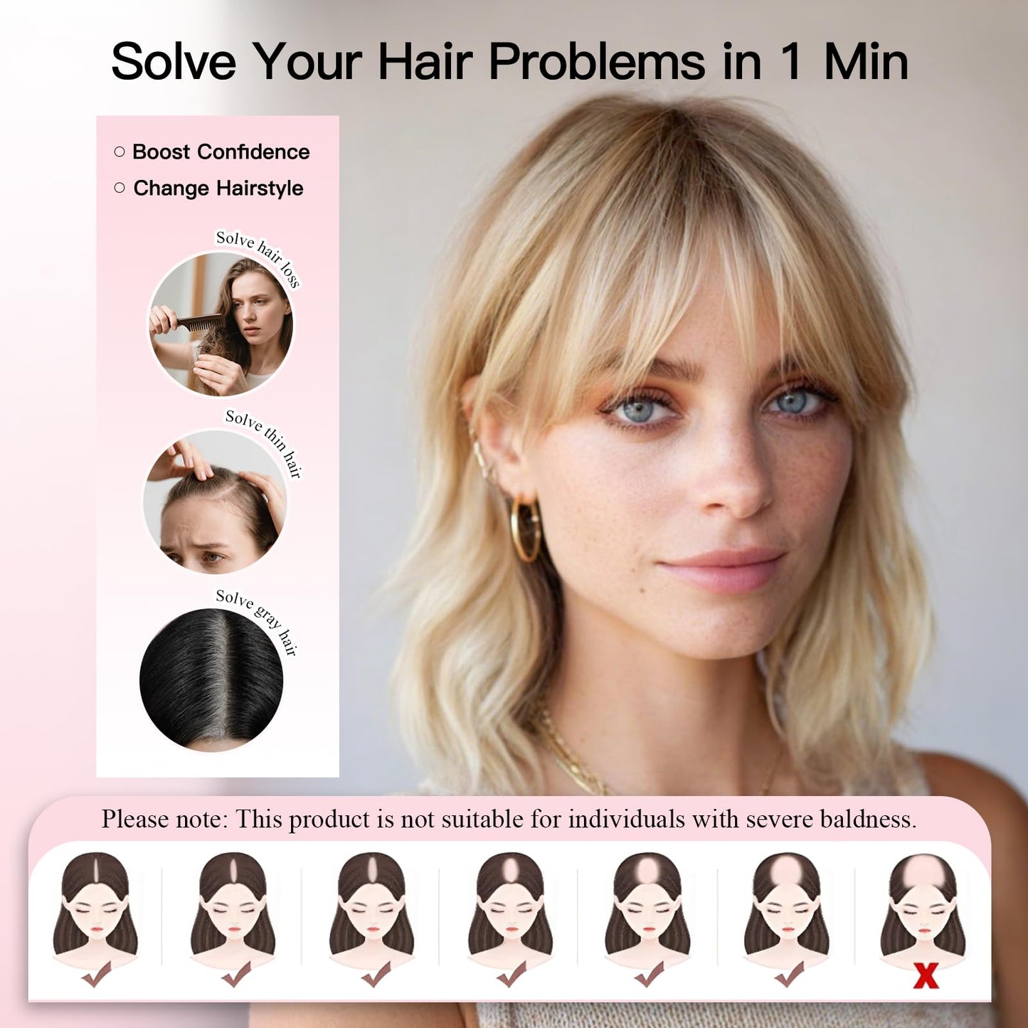 EMMOR 14 Inch Human Hair Topper for Women - 5" × 6" Upgrade Swiss Lace Base with 3 Non-Slip Clips, 100% Real Hair Toppers for Thinning Hair & Natural Looking-Straight Bang(#005)