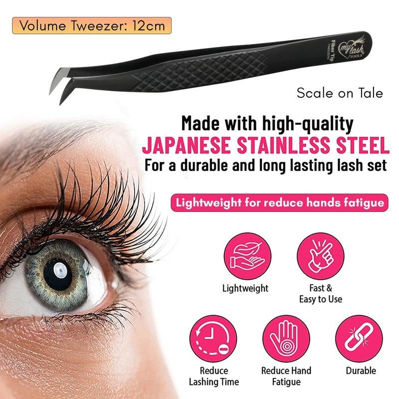 My Lash Tools Fiber Tip Lash Tweezers for Eyelash Extensions Professional Lash Tech Supplies Must Haves Volume Boot Eyelash Tweezers 12cm Stainless Steel Mink Fan Making Lashing Tweezer (Silver)