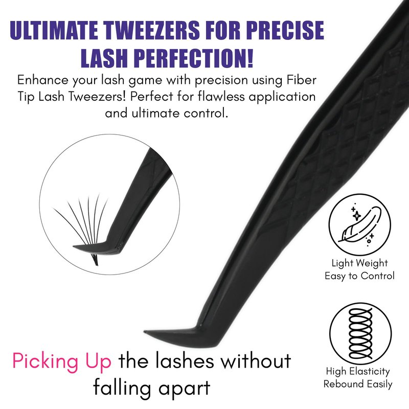 My Lash Tools New Fiber Tip Lash Tweezers for Eyelash Extensions Professional Lash Tech Supplies Must Haves Volume Boot Eyelash Tweezers 12cm Stainless Steel Fan Making Lashing Tweezer (Black)