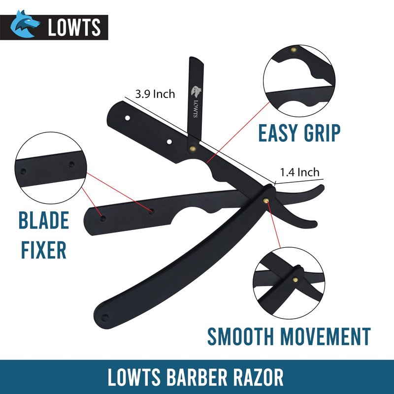 Lowts Professional Barber Straight Edge Razor, 100% Stainless Steel, Black