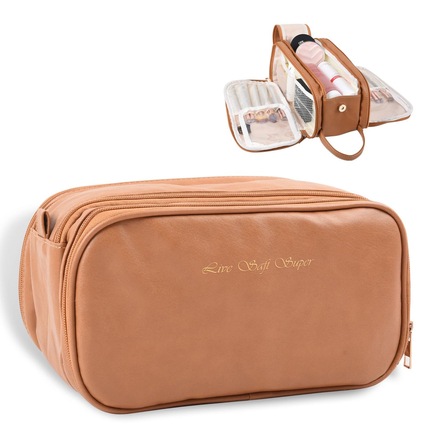 Live Saft Super Travel Makeup Bag - Large Capacity Cosmetic Bags For Women Portable Opening Travel Toiletry Bags, Waterproof PU Leather Pouch Open Flat Makeup Organizer With Handle and Divide Brown
