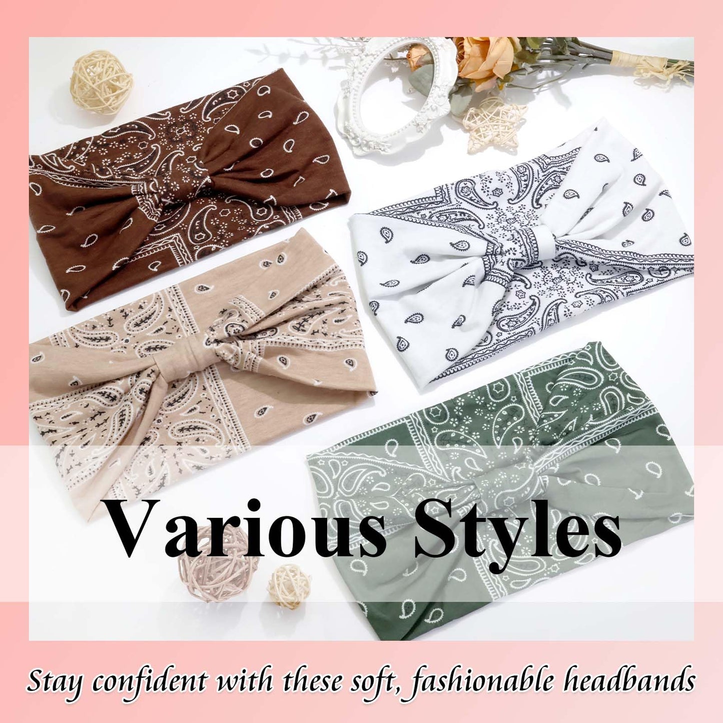 FARSYOD Wide Headbands Boho Head Bands For Women's Hair Band Paisley Fashion Head Wraps Knotted Bandana Headband Elastic Turban Large Workout Hair Accessories For Women 4 Pack