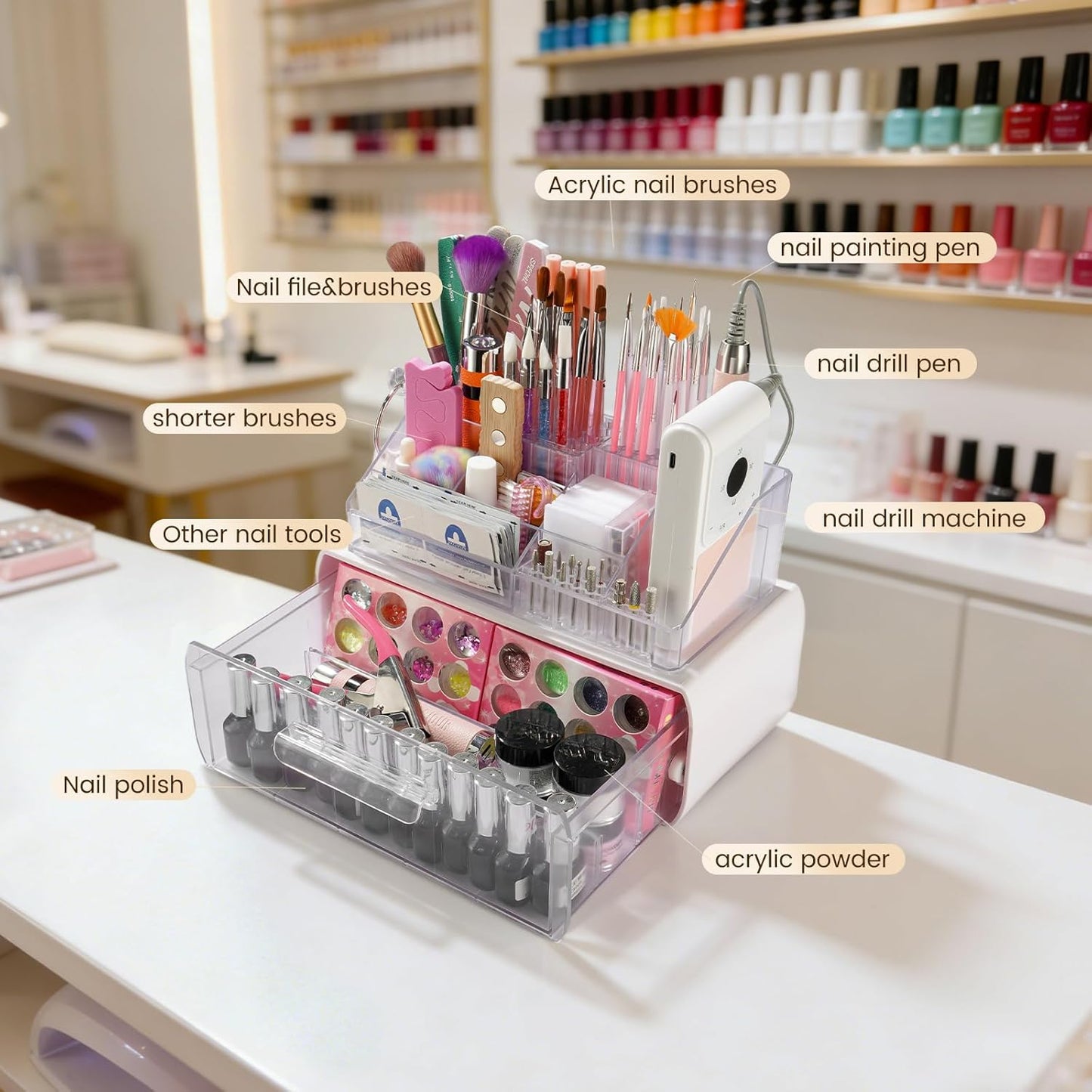Nail Tech Organizer Case - 2-Layer Storage for Nail Polish & Drill Bits | Clear Design