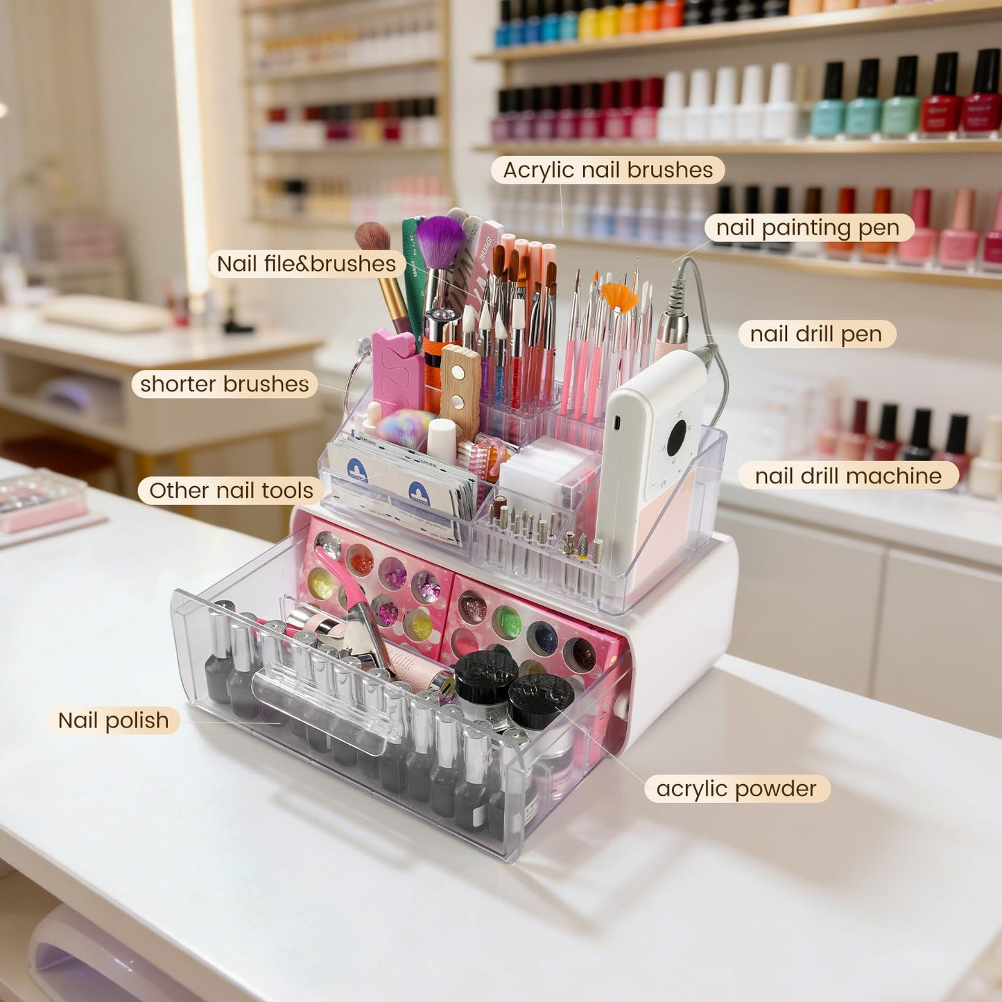 2-Tier Nail Tech Desk Organizer with Drawer for Polish, Brushes, Drill Bits