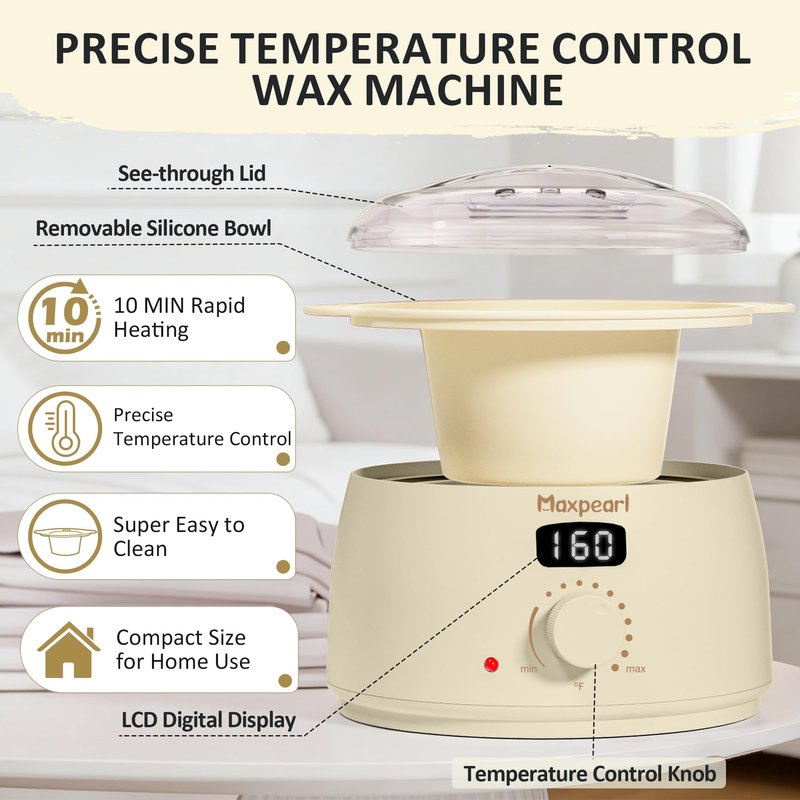 Maxpearl Rosin-Free Waxing Kit for Women Men - Sensitive Skin Friendly, Digital Wax Warmer with Silicone Pot, At Home Hair Removal Kit for Eyebrows, Brazilian, Underarms, Bikini & Full Body