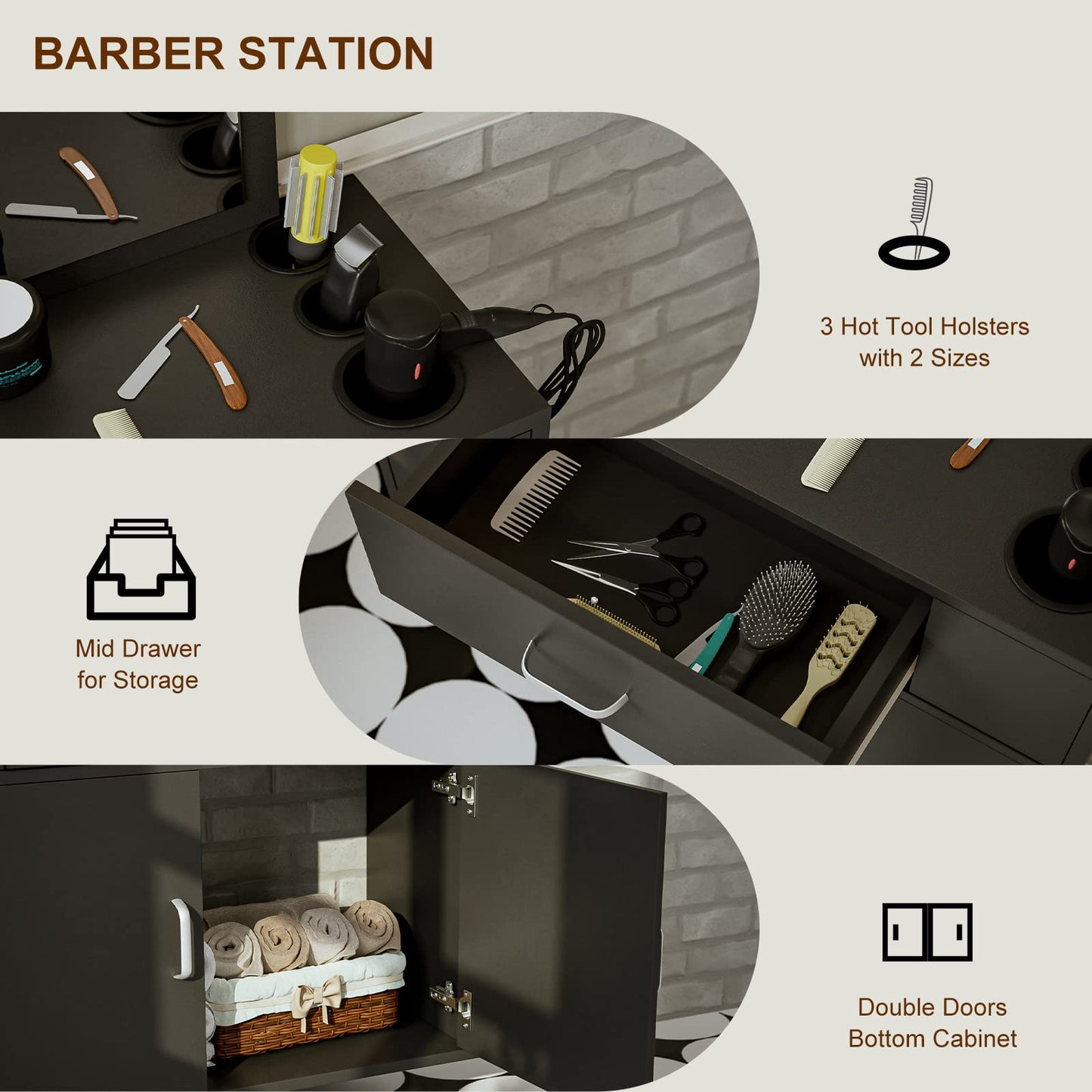 Belandi Wall Mount Salon Station Barber Stations Styling Station with Mirror Drawer Storage Cabinet Spa Salon Equipment(Black)