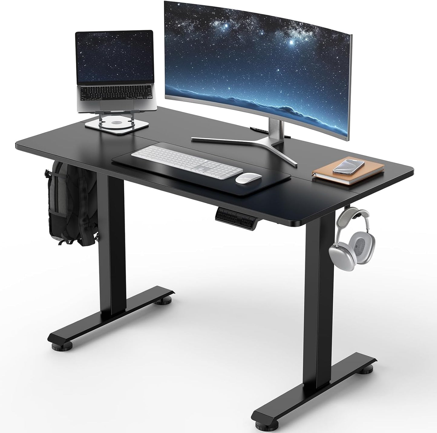 Veken Electric Standing Desk - 55 Inch Height Adjustable Home Office Table | White Wooden Desktop for Work & Study