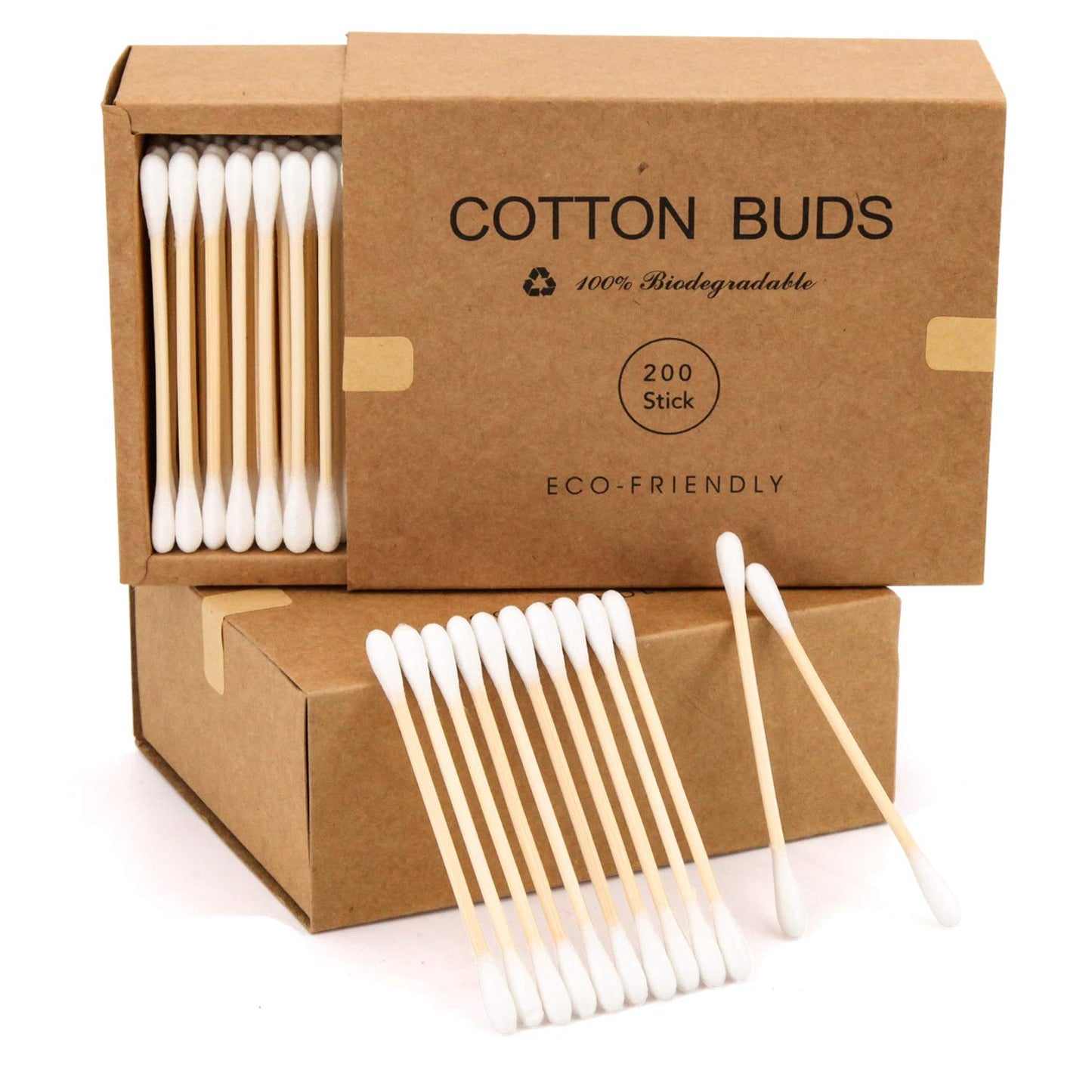 Bamboo Cotton Swabs - 400 Count Vegan Ear Buds | Natural Wooden Double-Tipped Organic Cotton for Ear Wax Removal