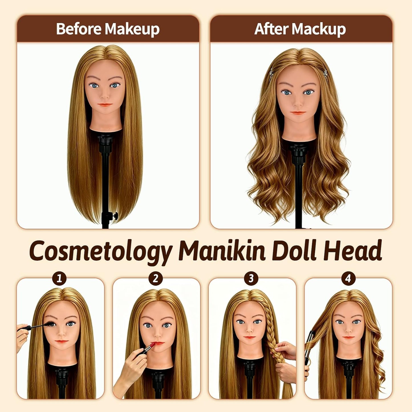 Mannequin Head - 90% Human Hair Styling Head for Cosmetology | 24" Gold Blonde Hairdressing Training Doll with Clamp