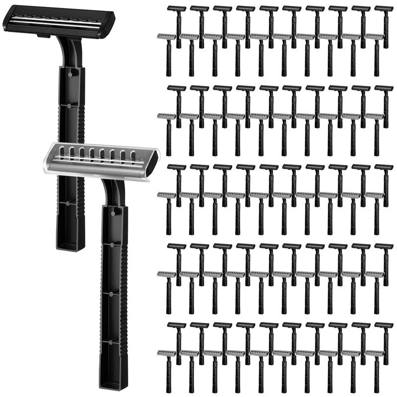 Jutom 100 Pcs Disposable Razors Bulk Twin Blade Shaving Razors with Safety Cap Stainless Steel Portable for Hotel Guest Supply for Shelter Charity Travel Emergency Hygiene Kits Men Women