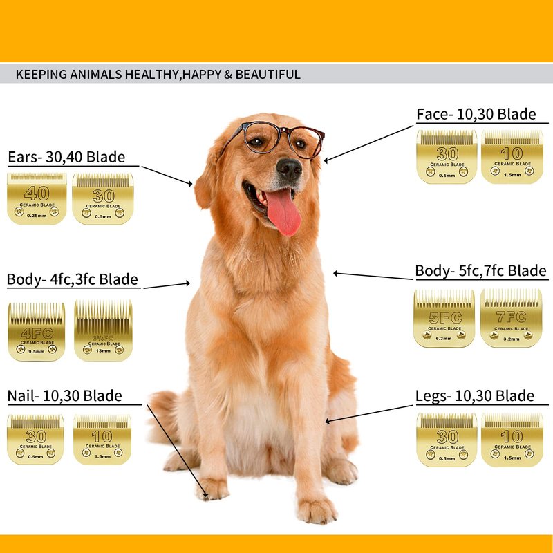 7 Pack Detachable Pet Dog Grooming Clipper Ceramic Blades Set,Compatible with Andis,Oster A5,Wahl KM10 Series Clippers,Gold (10+30+40+7FC+5FC+4FC+3FC)