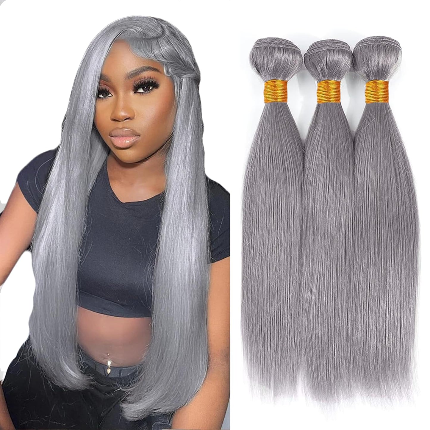 30 32 34 Inch Grey Bundles Human Hair Straight 3 Bundles Brazilian Remy Hair 50 Grams/Bundle 10A Grade Unprocessed Virgin Hairs Silver Grey Straight Bundle Weaves Extensions