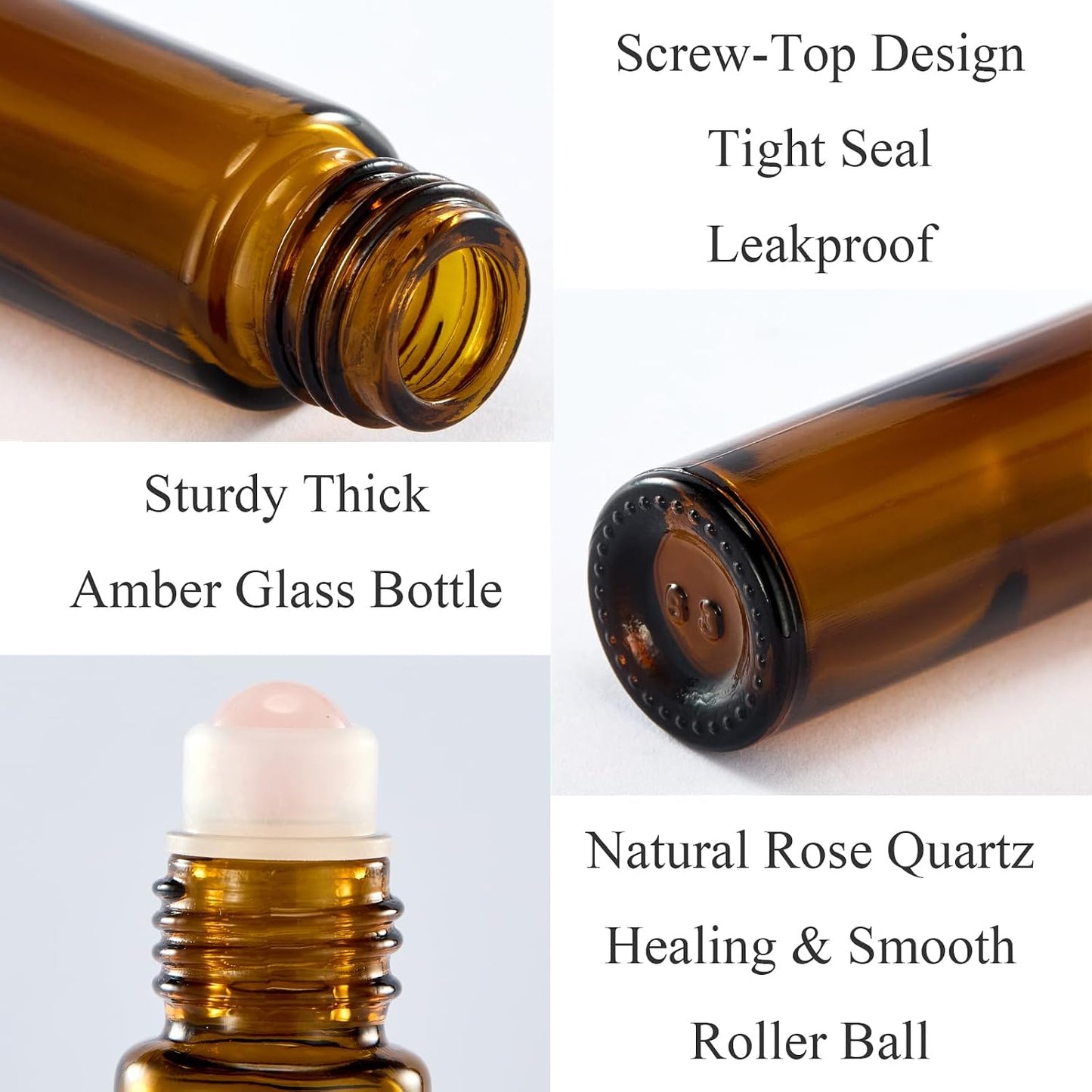 Rose Quartz Roller Bottles - 6 Pack Amber Glass Essential Oil Rollers | 10ml Leak-Proof Travel Size