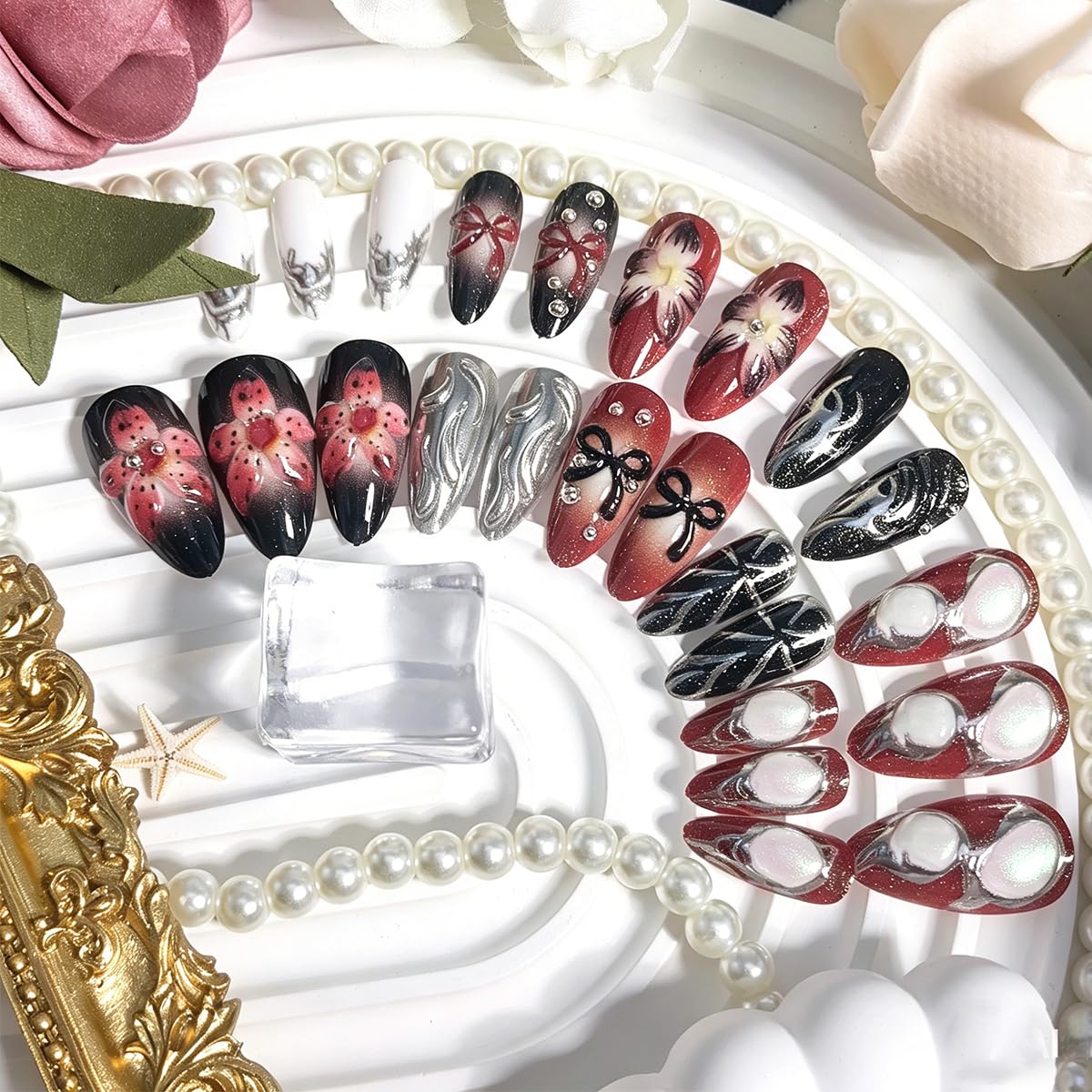 Medium Almond Press-On Nails - Y2K Gothic 3D Flower Design | Black & Red Punk Acrylic Set, 24 Pcs