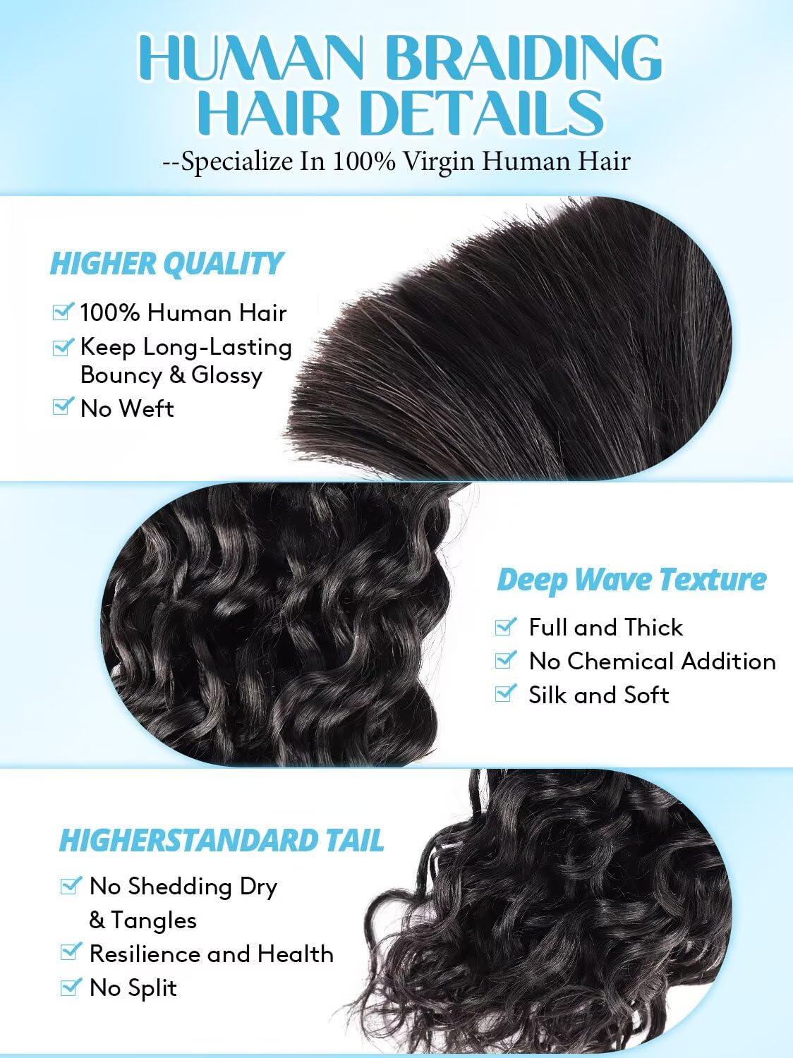 16 Inch Curly Virgin Human Braiding Hair - Boho Water Wave Bulk for Women | 12A Natural Black, 2 Bundles