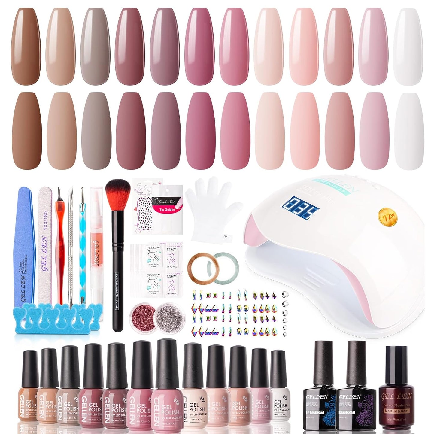 Gellen Gel Nail Polish Kit - 12 Vibrant Colors with 72W UV LED Light | Complete Manicure Set for Mother's Day