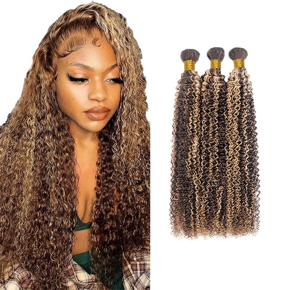 28 28 28 Inch Blonde Bundles Human Hair Highlight Brown Kinky Curly Bundles Peruvian Virgin Remy Hair Extensions Double Weft 2 Tone Brown Mixed With Blonde Bundle Hair Weave