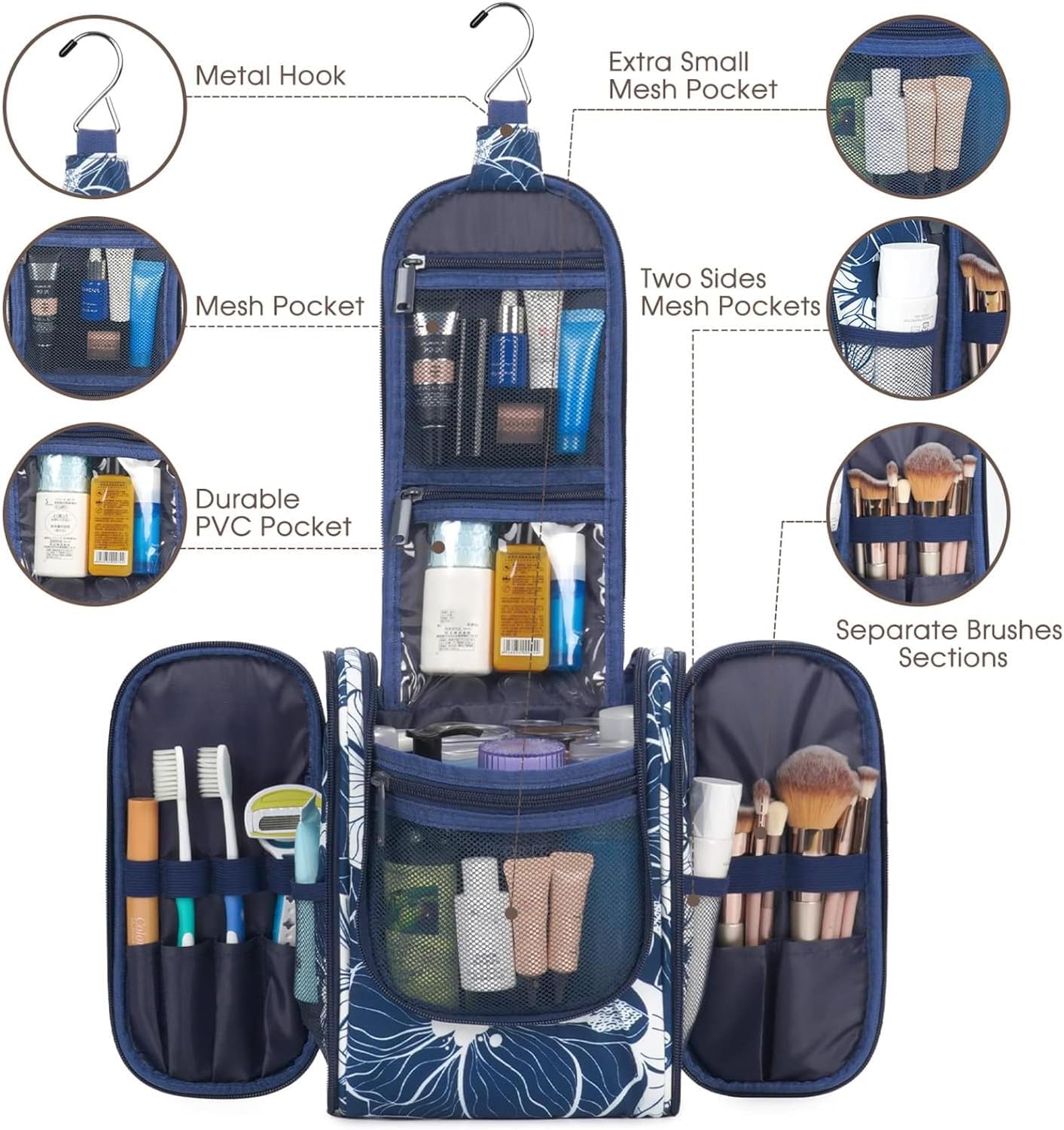 Travel Toiletry Bag Organizer - Small Hanging Cosmetic Case for Men & Women | Medium, Blue Lotus
