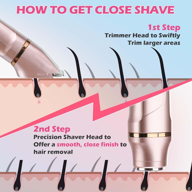 VEGITERIA Bikini Trimmer for Women 2 in 1 Electric Razors Shaver Facial Hair Removal for Women Pubic, Armpit, Face &Precision Areas, IPX7 Waterproof,Rechargeable Dock, Rose Golden