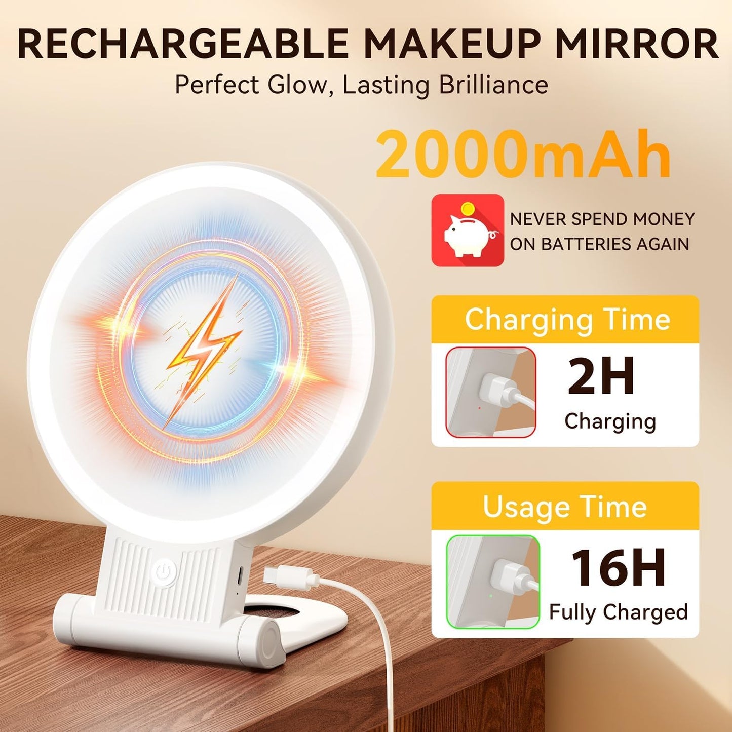 Auxmir 1X/30X Magnifying Makeup Mirror - Lighted, Double-Sided with Adjustable 3-Color Lighting | Rechargeable & Foldable Travel Design