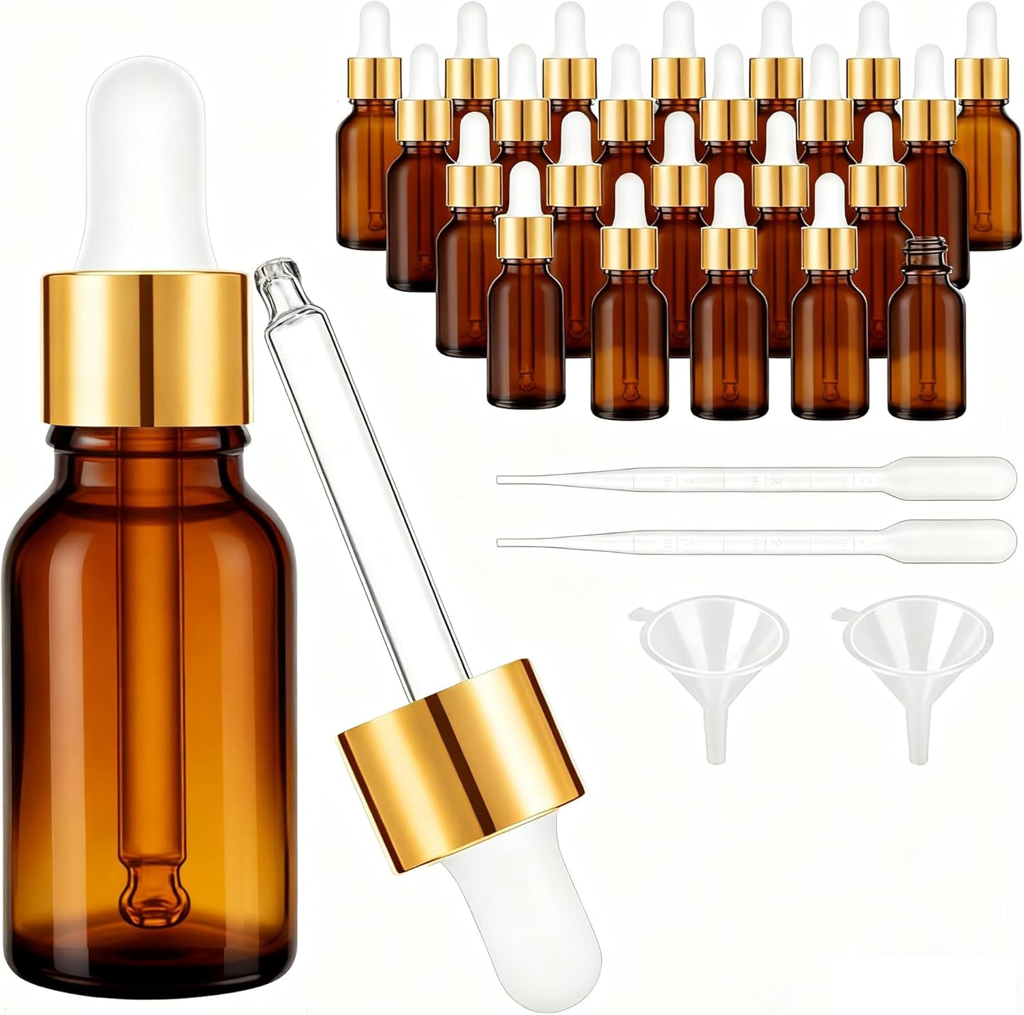 Glass Eye Dropper Bottles - 24 Pack 0.5oz Amber Leakproof Bottles with Golden Caps | Perfect for Essential Oils, Tinctures, Travel