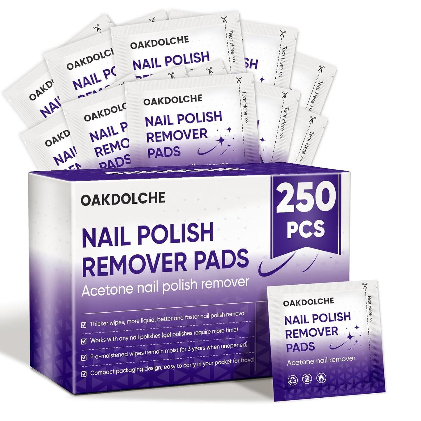 Acetone Nail Polish Remover Pads - 250 Pack Individually Wrapped | Quick & Effective for Gel & Fingernail Polish