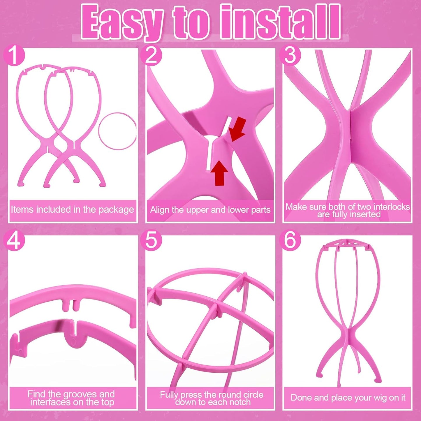 Pink Wig Head Stand Set - 2 Pack with 3 Wig Brushes | Travel Holder for Women’s Wigs