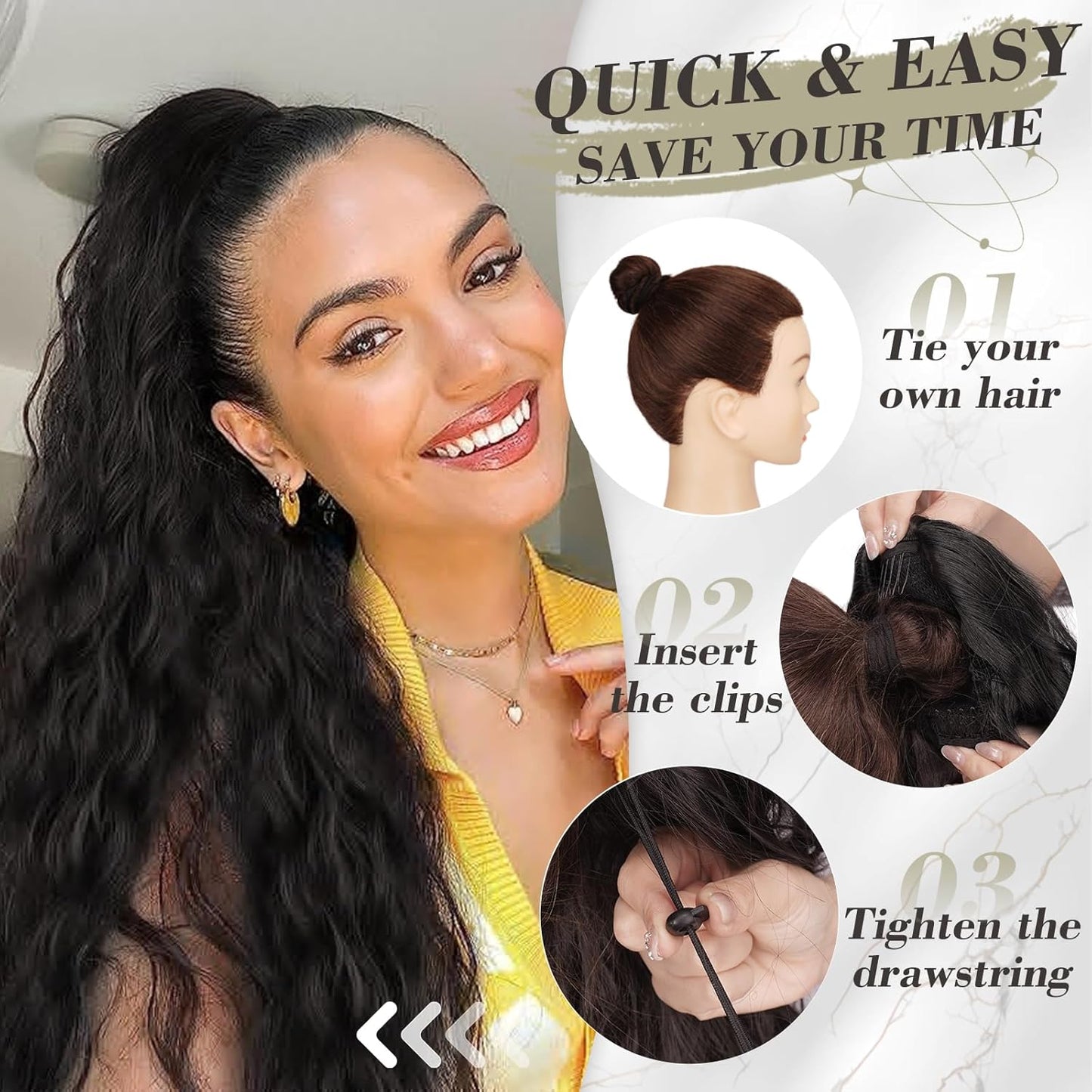 Black Ponytail Extensions - 26-Inch Long Wavy Drawstring Ponytails for Women | Synthetic Clip-In Hairpieces