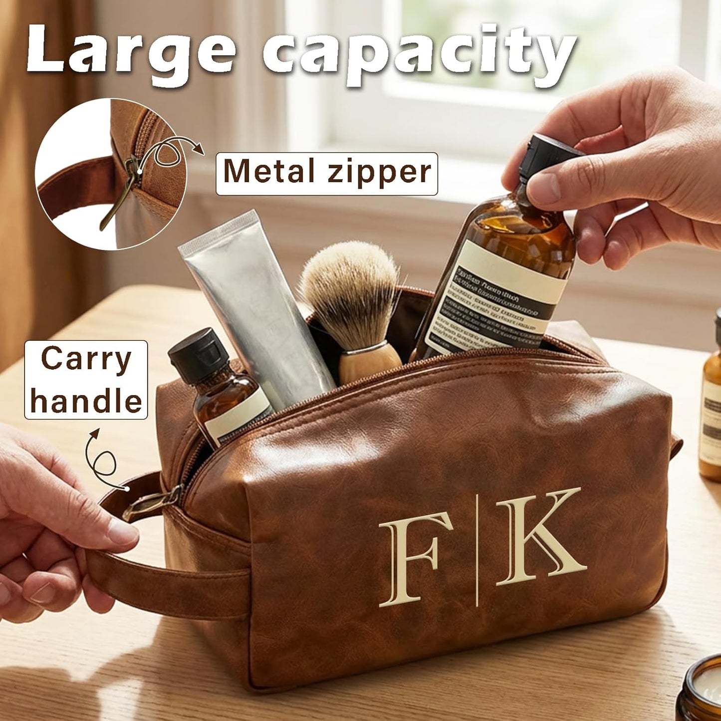 Personalized Leather Toiletry Bag - Custom Travel Shaving Kit for Men | Unique Gift for Husband, Dad, Boyfriend (Yellow Brown)